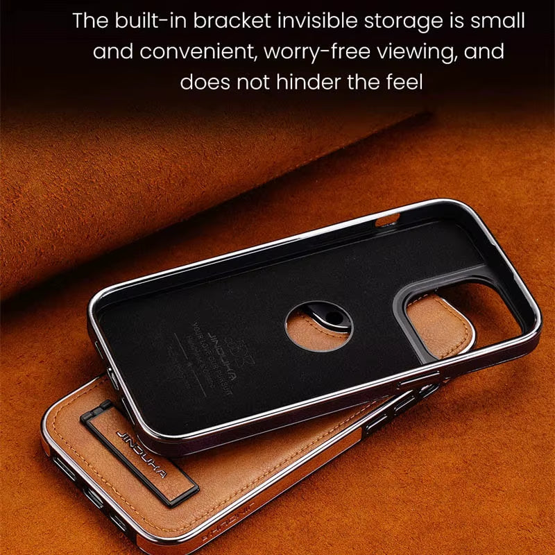 Sleek Luxury Plating Bumper Leather Folding Kickstand Phone Case for iPhone 16/15/11/12/13/14 Pro Max Plus - Slim Metal Holder Cover