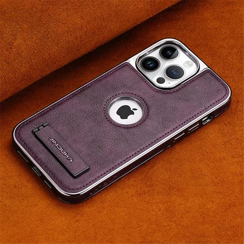 Sleek Luxury Plating Bumper Leather Folding Kickstand Phone Case for iPhone 16/15/11/12/13/14 Pro Max Plus - Slim Metal Holder Cover