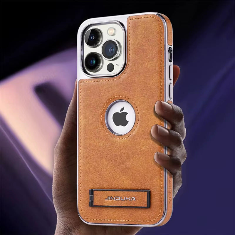 Sleek Luxury Plating Bumper Leather Folding Kickstand Phone Case for iPhone 16/15/11/12/13/14 Pro Max Plus - Slim Metal Holder Cover