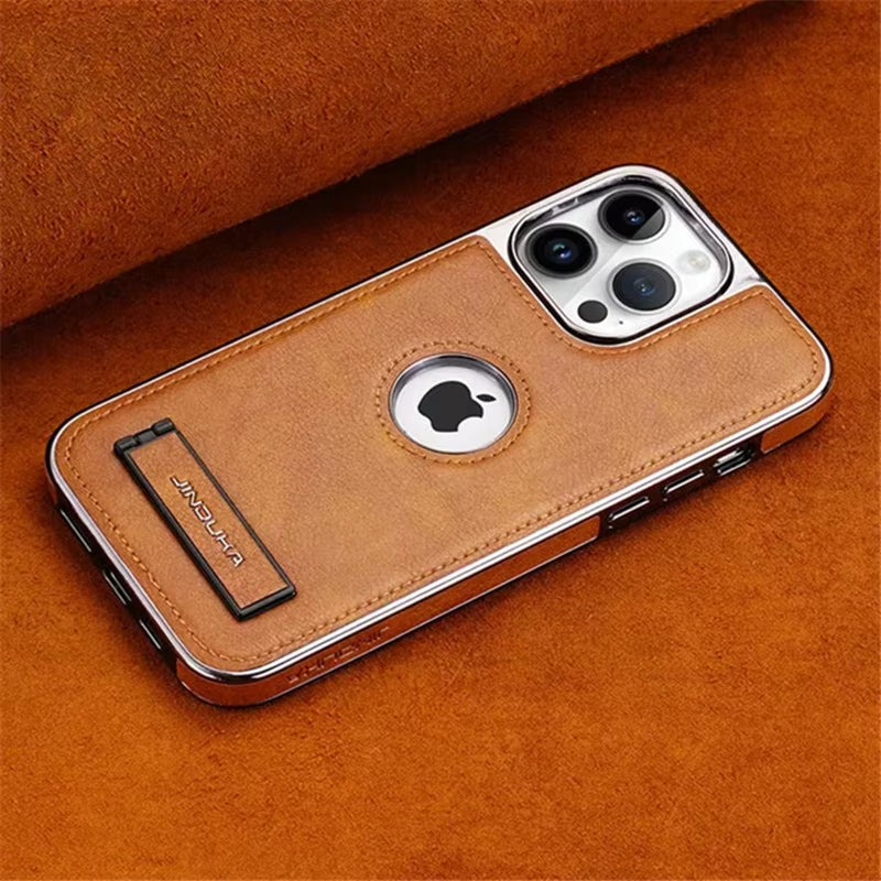 Sleek Luxury Plating Bumper Leather Folding Kickstand Phone Case for iPhone 16/15/11/12/13/14 Pro Max Plus - Slim Metal Holder Cover