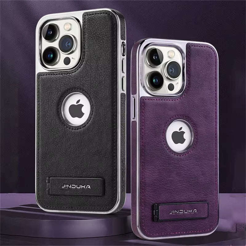 Sleek Luxury Plating Bumper Leather Folding Kickstand Phone Case for iPhone 16/15/11/12/13/14 Pro Max Plus - Slim Metal Holder Cover