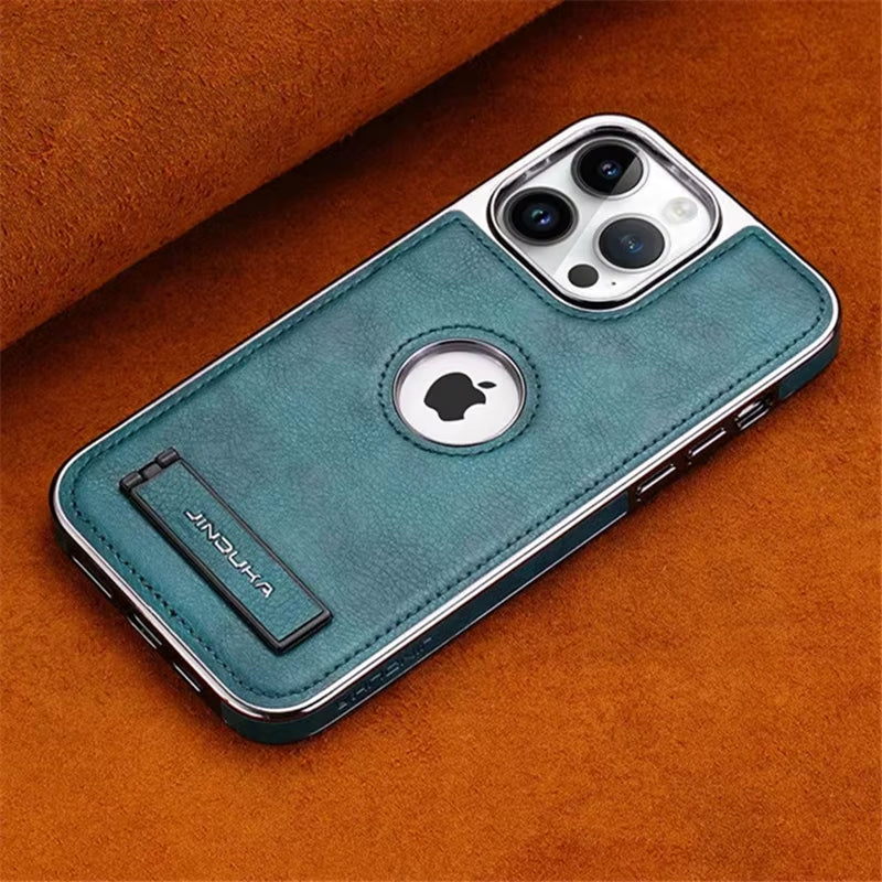 Sleek Luxury Plating Bumper Leather Folding Kickstand Phone Case for iPhone 16/15/11/12/13/14 Pro Max Plus - Slim Metal Holder Cover