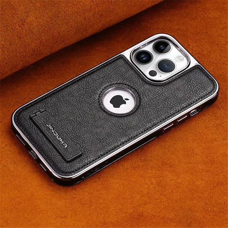 Sleek Luxury Plating Bumper Leather Folding Kickstand Phone Case for iPhone 16/15/11/12/13/14 Pro Max Plus - Slim Metal Holder Cover
