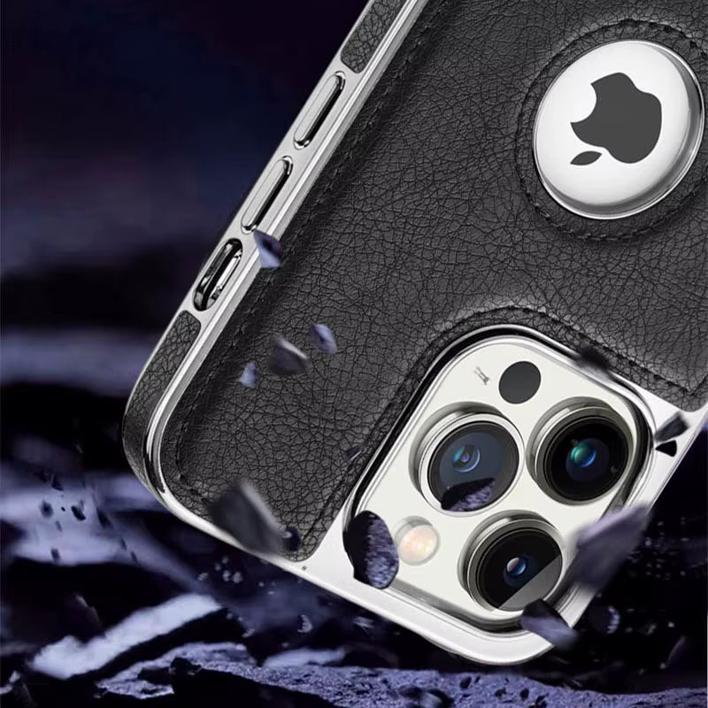Sleek Luxury Plating Bumper Leather Folding Kickstand Phone Case for iPhone 16/15/11/12/13/14 Pro Max Plus - Slim Metal Holder Cover
