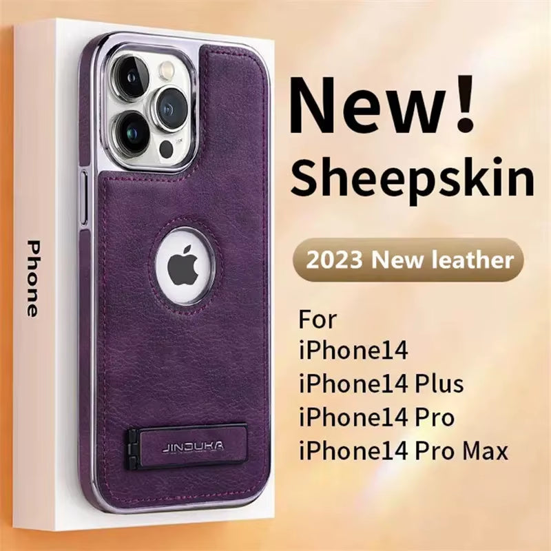 Sleek Luxury Plating Bumper Leather Folding Kickstand Phone Case for iPhone 16/15/11/12/13/14 Pro Max Plus - Slim Metal Holder Cover